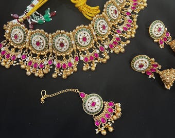 Kundan Polki Choker, Vergoldetes Indisches Schmuck Set
