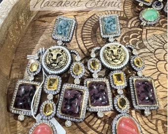 Carved Stone Lion Earrings, Desi Wedding Jewelry