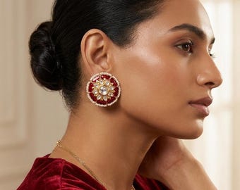 Extra grote moissanite kundan-bloem oorknopjes, Indiase feestelijke sieraden, statement Polki-messing