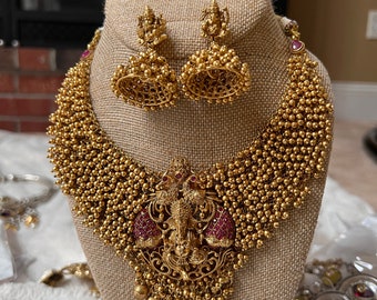 Ganesh Necklace , Temple Necklace, Kemp Multi Stone Necklace, South Indian Jewelry , Temple Necklace, Fusion Kemp Stone Necklace