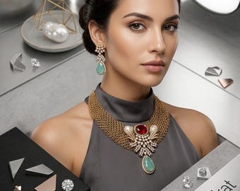 May include: A woman wearing a gold necklace, earrings, and a gray dress. The necklace features a large red stone, a green teardrop-shaped stone, and pearls. The earrings have a floral design with a green stone. The word "Nazakat" is visible on a silver box.
