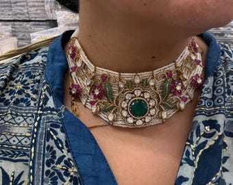 Collar Polki Kundan/Joyería pakistaní/Collar Sabyasachi/Chapado en oro de alta calidad/Polki de moissanita sin cortar/Joyería Tyaani/Joyería india