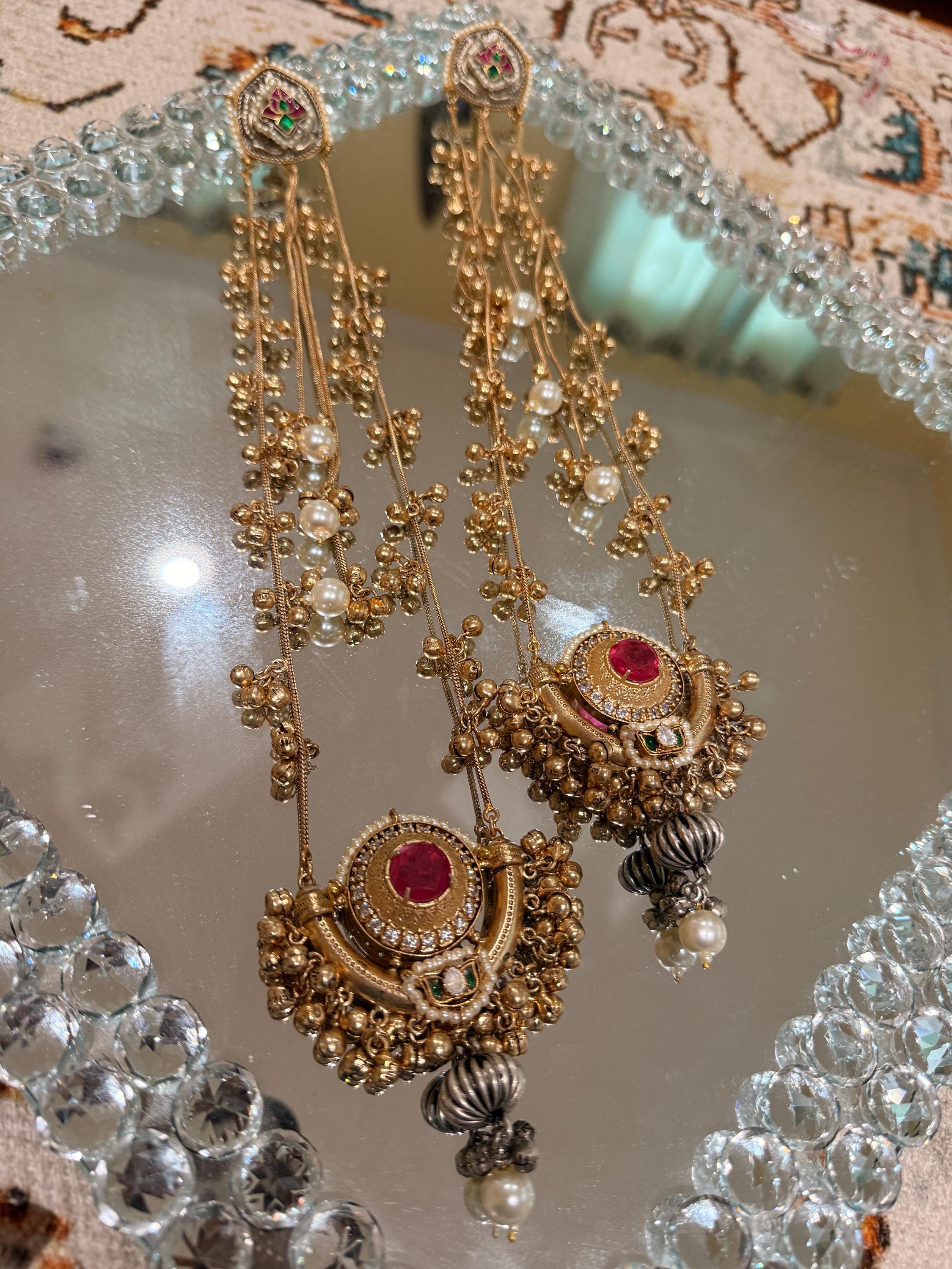 Dejhoor Kashmiri Brass Gold Fusion Long Earrings, Festive Ghungroo