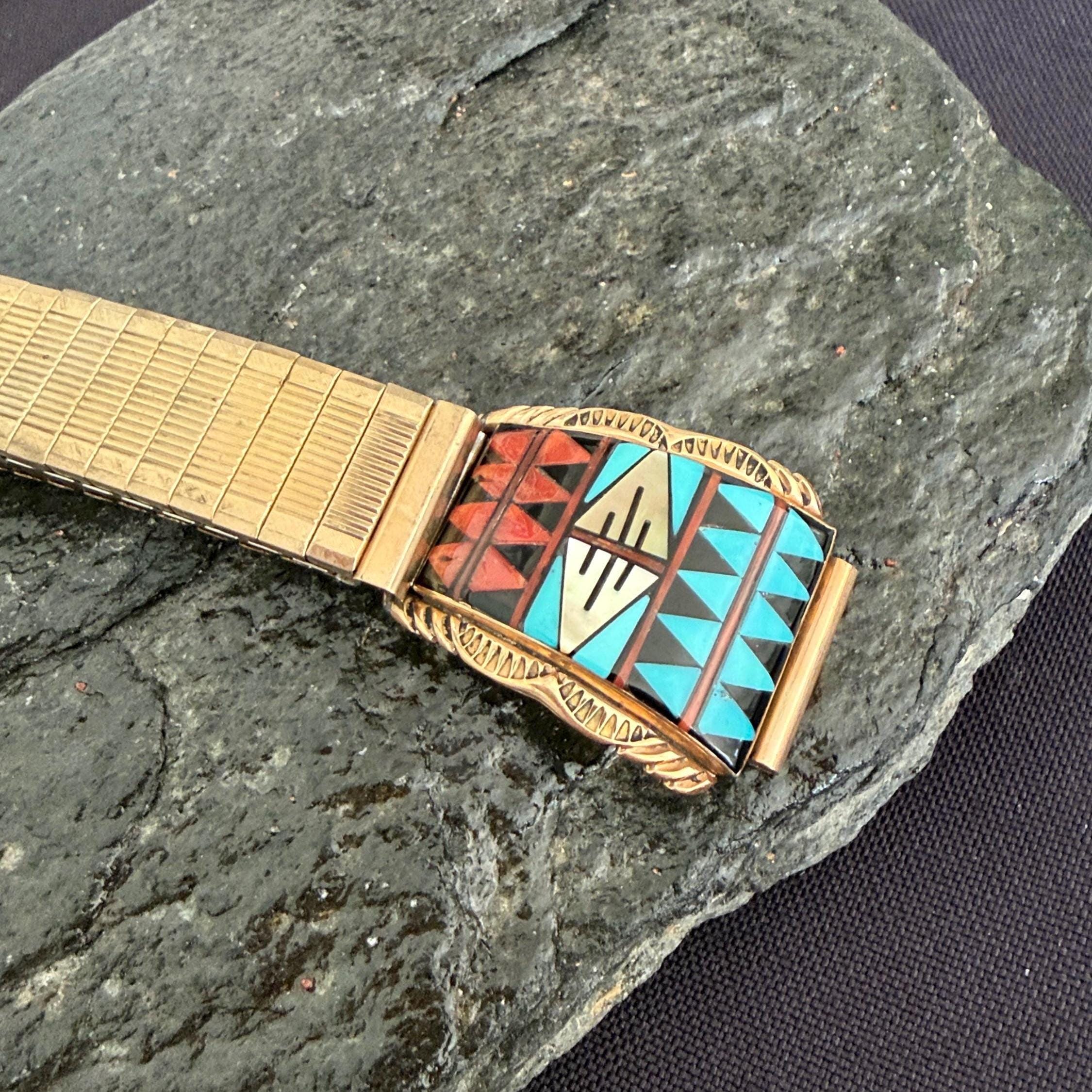 14K Gold Vintage Zuni Native American Watch Tips signed Walley Vintage Native American Navajo Walley 14K Gold Inlaid Watch  main image 2