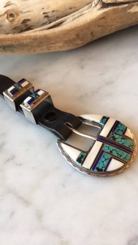 Vintage Native American Navajo Inlaid Ranger Belt Buckle Set  display picture 2
