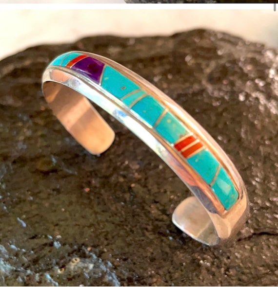 Rose Ann Long Vintage Native American Navajo 6' Wrist Coral Sterling Silver Inlay Bracelet Rose Ann Long Vintage Native American Navajo 6' Wrist Coral Sterling Silver Inlay Bracelet