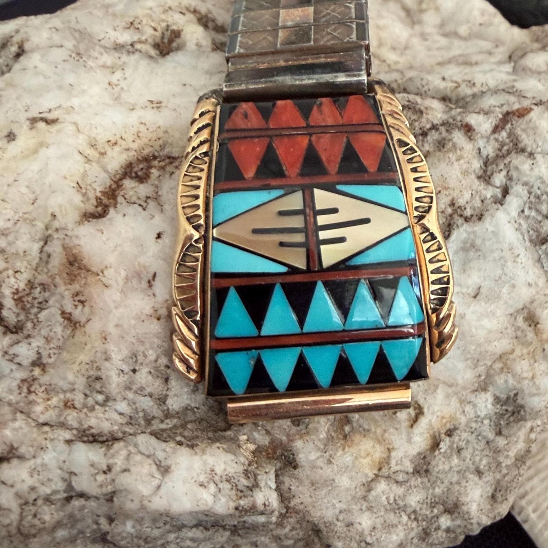Vintage Native American Navajo Walley 14K Gold Inlaid Watch 