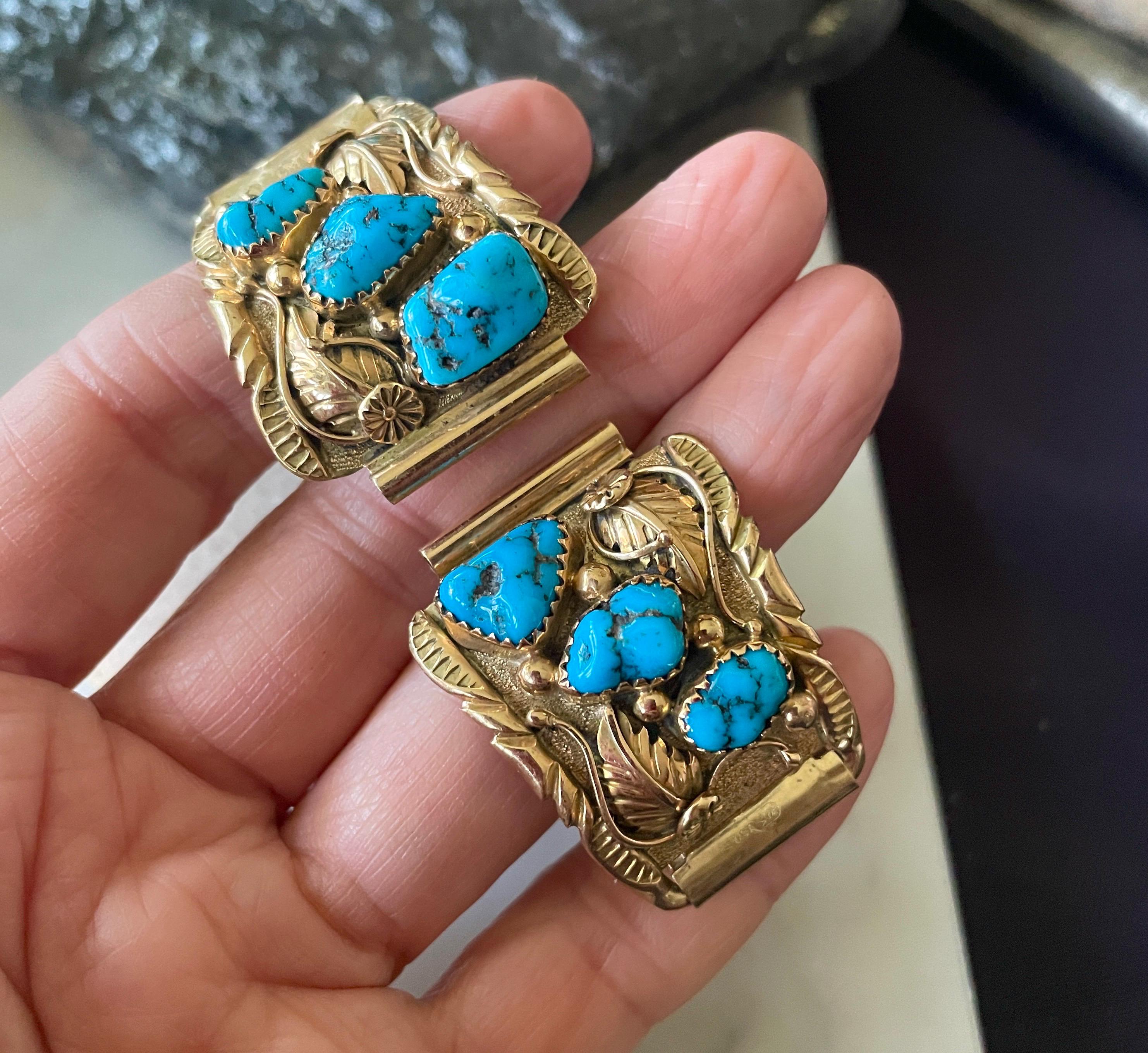 Vintage 14K Gold Native American Zuni Watch Tips Artist Signed Walley Vintage Native American Navajo Walley 14K Gold Inlaid Watch  main image 2