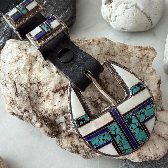 Vintage Native American Navajo Inlaid Ranger Belt Buckle Set  display picture 1