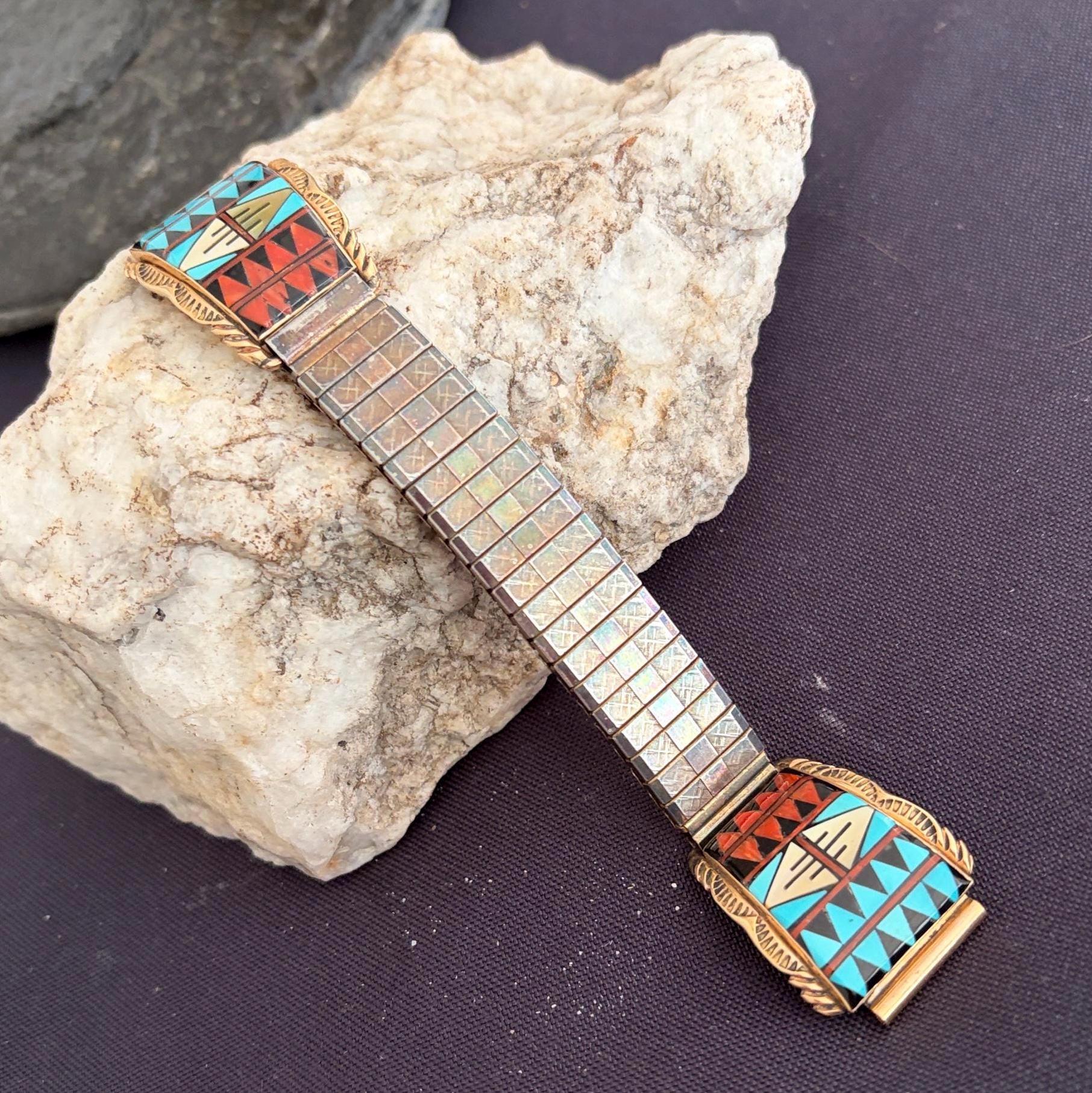 Vintage Native American Navajo Walley 14K Gold Inlaid Watch 