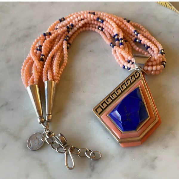 Vintage Christin Wolf Lapis Pendant with Angel Coral Beads