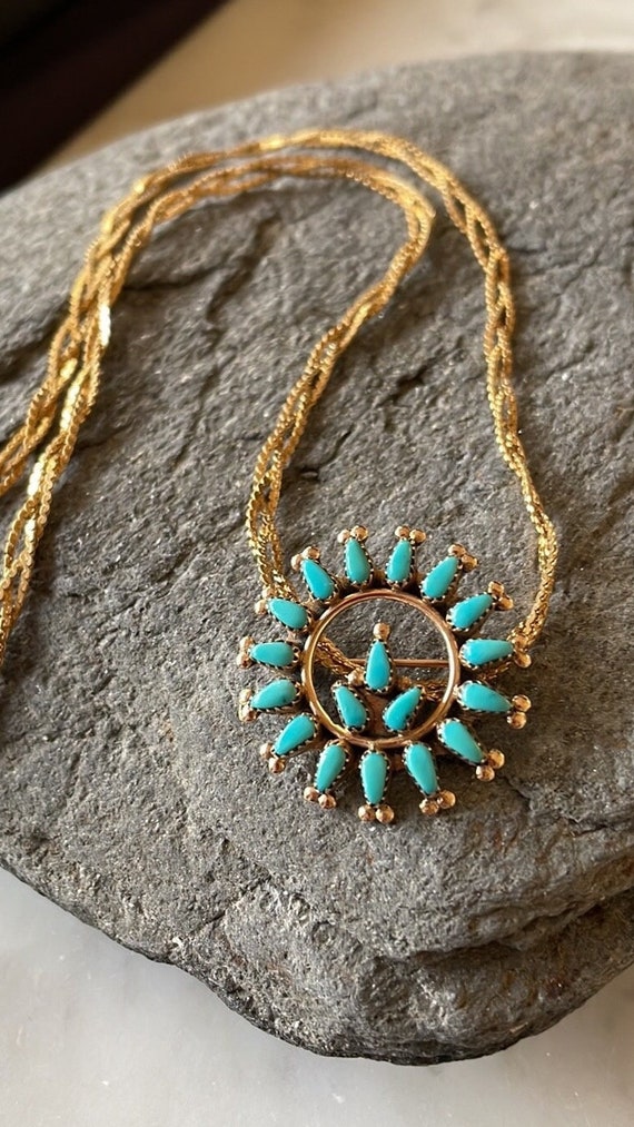 Vintage Native American Zuni 14K Gold Turquoise Needlepoint Pin 