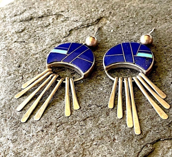 Important Cal Begay Vintage Native American Navajo Turquoise Inlay Sterling Silver Earrings Important Cal Begay Vintage Native American Navajo Turquoise Inlay Sterling Silver Earrings