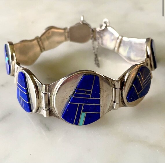 Quality Vintage Native American Navajo Lapis Sterling Silver Geometric Bracelet Quality Vintage Native American Navajo Lapis Sterling Silver Geometric Bracelet