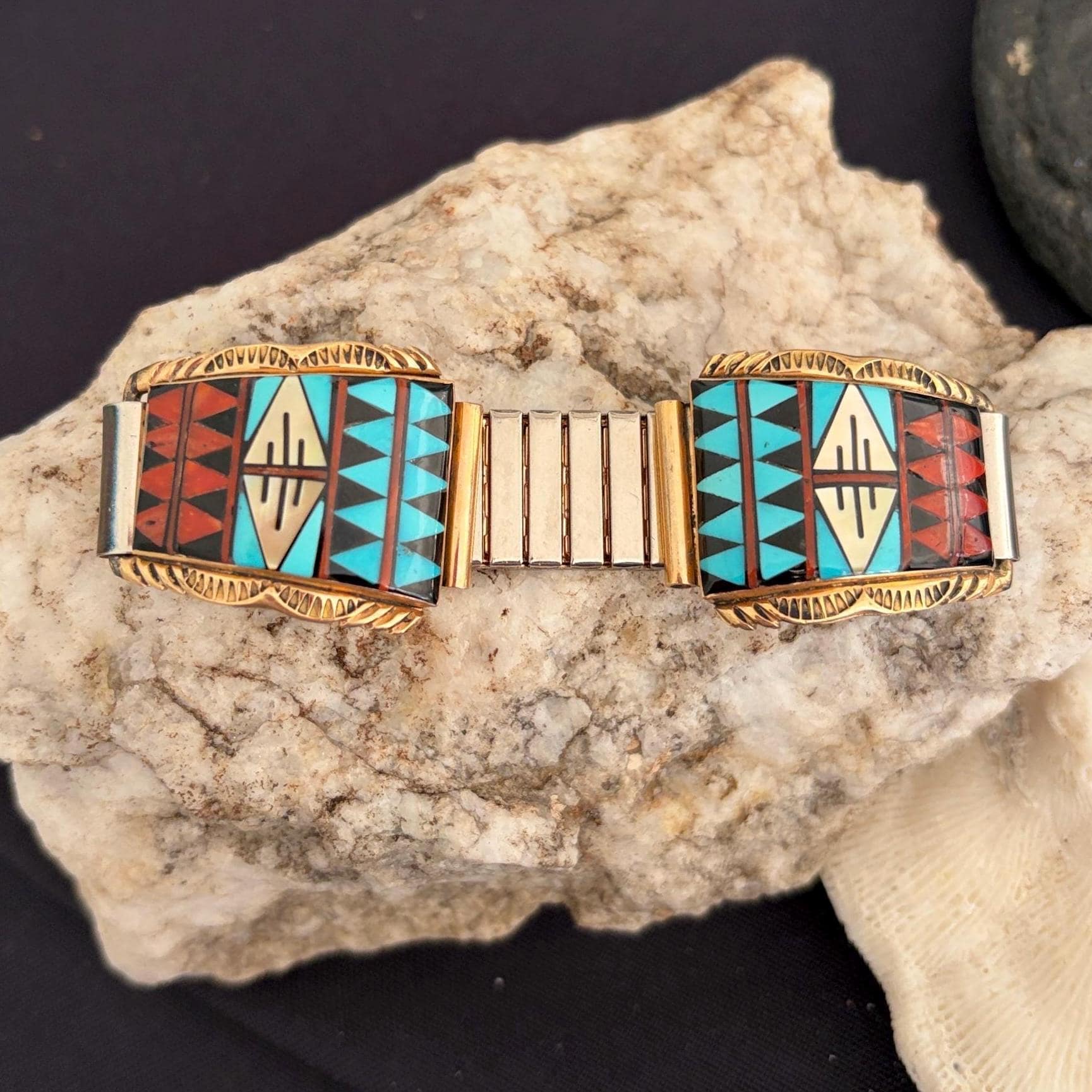Vintage Native American Navajo Walley 14K Gold Inlaid Watch  display picture 3