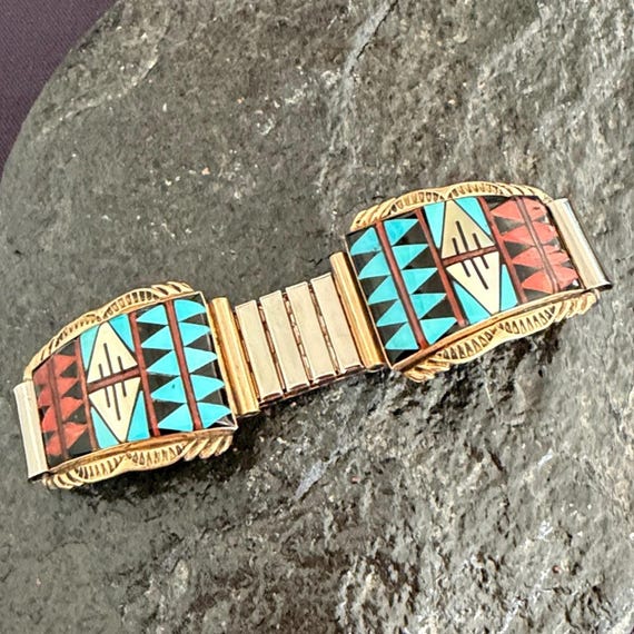 Vintage Native American Navajo Walley 14K Gold Inlaid Watch  display picture 1