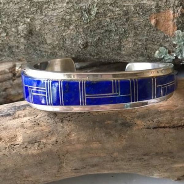 Vintage Navajo Native American Wilbur Yazzie Lapis Inlay Bracelet