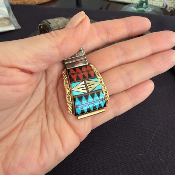 14K Gold Vintage Zuni Native American Watch Tips signed Walley Vintage Native American Navajo Walley 14K Gold Inlaid Watch  main image 4