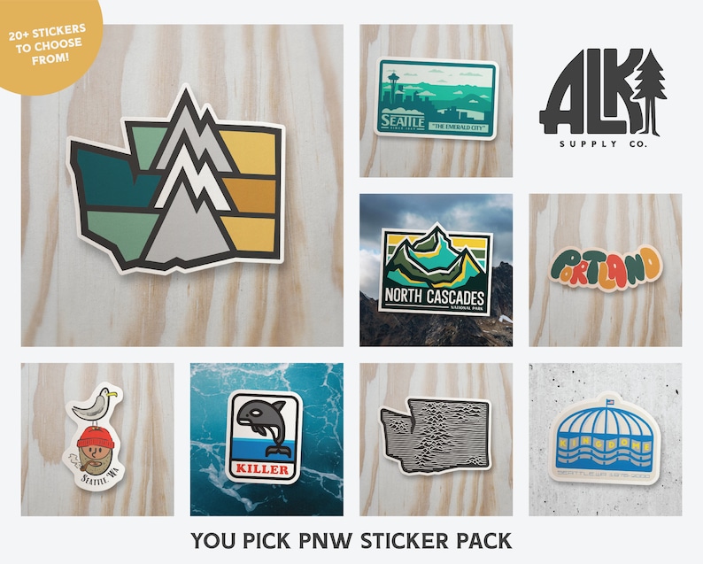 May include: A collection of 20+ colourful stickers featuring various designs related to the Pacific Northwest, including mountains, a seagull, a whale, a city skyline, and a state outline. The stickers are arranged on a wooden background. The text "YOU PICK PNW STICKER PACK" is at the bottom of the image.