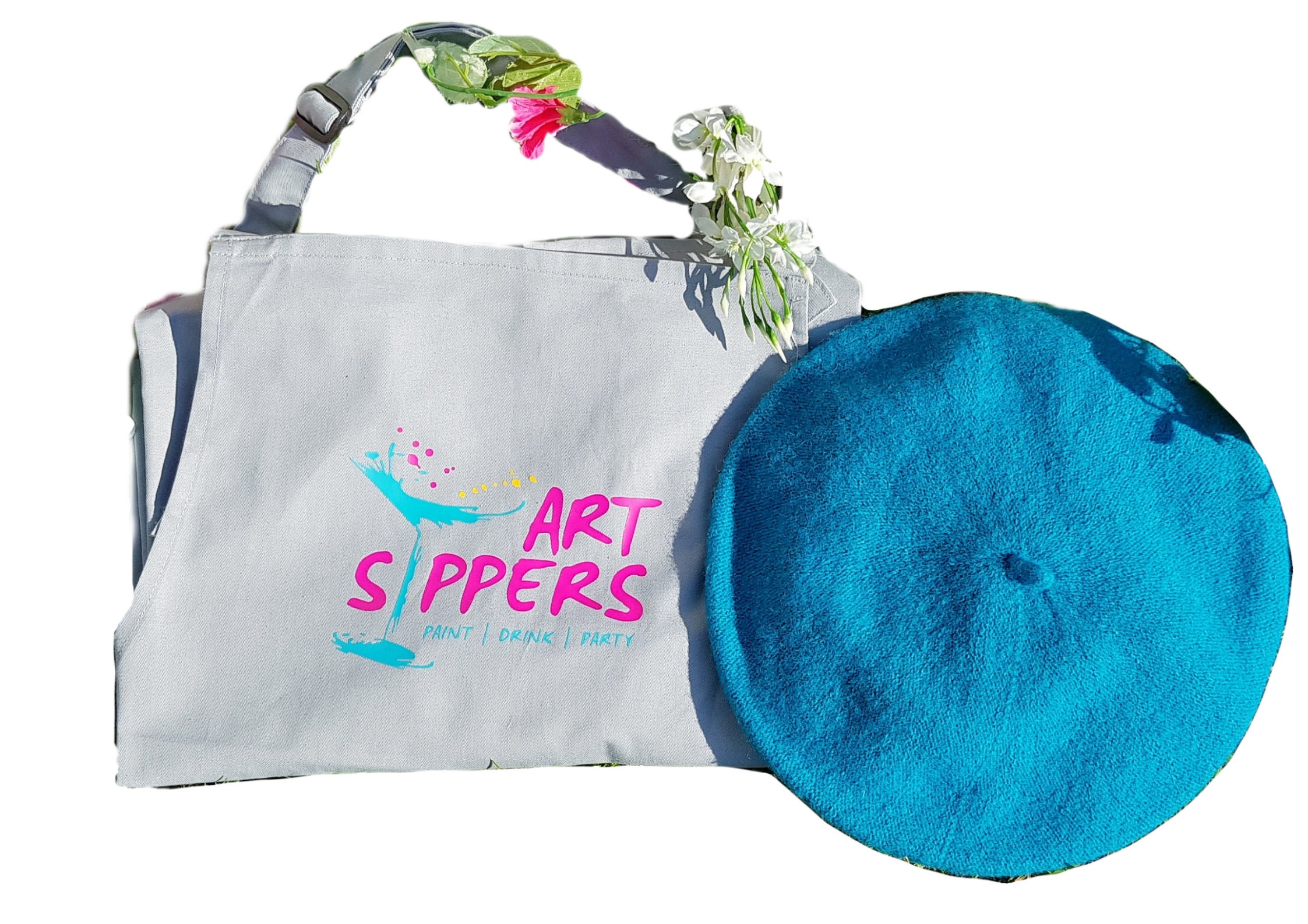 Paint & Sip at Home Deluxe Box Paint Kit Online Class Ticket Alcohol Apron Beret Date Night