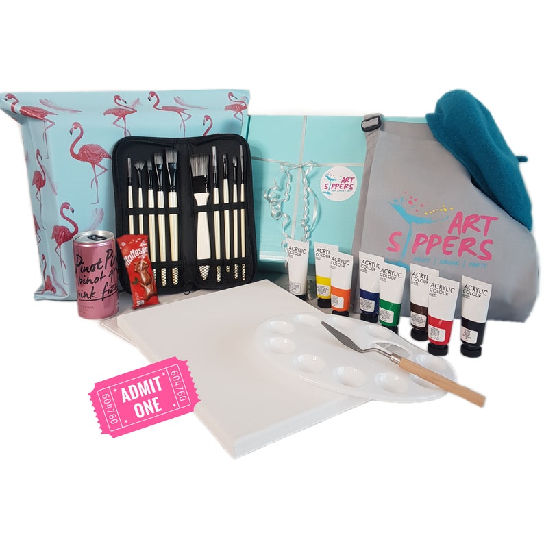 Paint & Sip at Home Deluxe Box Paint Kit Online Class Ticket Alcohol