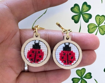 LadyBug embroidered in Cross Stitch earrings / cross stitch jewelry / mini embroidery hoops / gifts for her