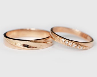 Conjunto de alianças de casamento Mobius de ouro 14k para casais, conjuntos exclusivos de alianças de casamento, conjunto moderno de alianças para ele e para ela,