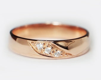 14k Rose Gold Wedding Band Set with Diamonds, Matching Band