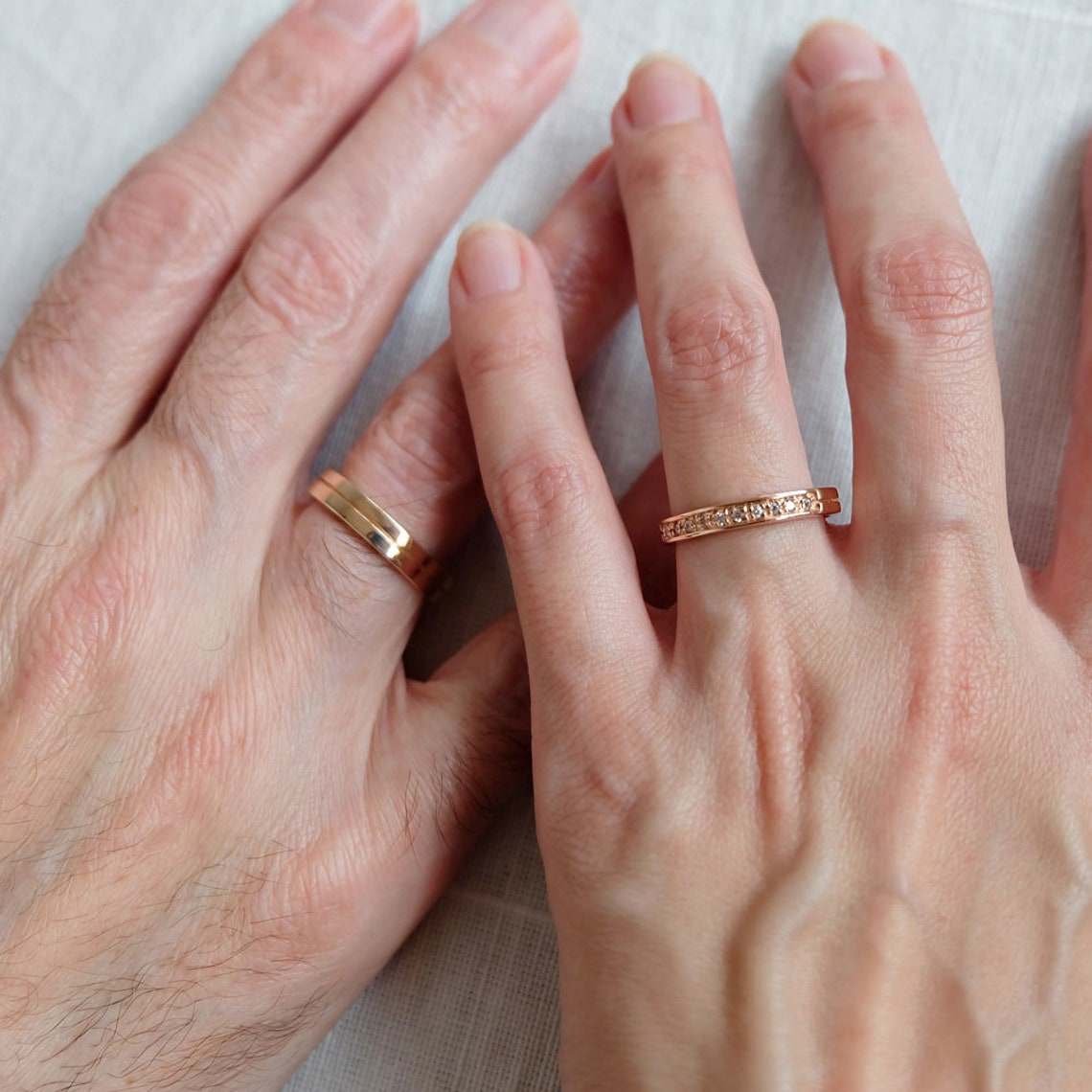 Matching Modern Engraved Gold Couples Wedding Band Set, His and Hers ...