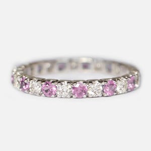 Pink Sapphire Ring, 14k Full Eternity Pink Sapphire Wedding Ring, Stackable Natural Genuine Pink Sapphire Ring, Pink Sapphire Band Ring