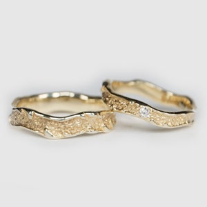 Matching Hammered Textured 14K Yellow Gold Wedding Band Set