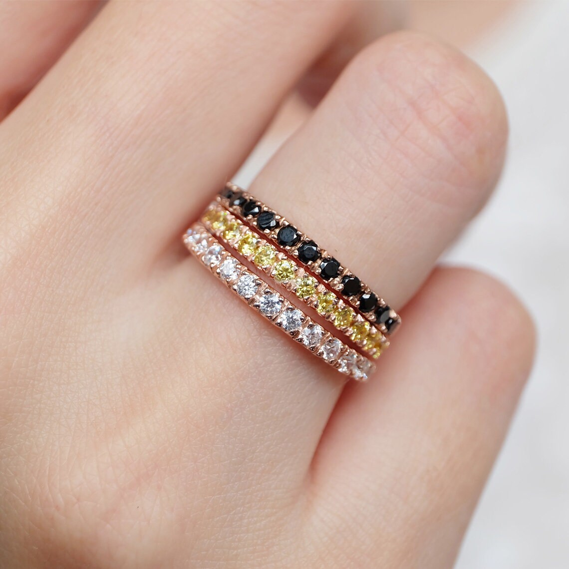 14K Solid Gold Stackable Pave Yellow Diamond Eternity Band Ring ...