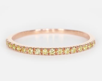 14k Gold 1.5mm Pave Stackable Yellow Diamond Half Eternity Wedding Band Ring, Anniversary Band