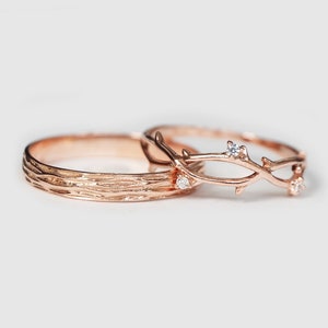 Couples Ring Set, 14K Rose Gold Wedding Rings Set, Twig Ring For Men and Women, His and Hers Wedding Band, Diamond Wedding Band,Promise Gift