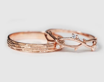 Juego de anillos para parejas, juego de anillos de boda de oro rosa de 14 quilates, anillo de ramita para hombres y mujeres, alianza de boda para él y para ella, alianza de boda de diamantes, regalo de promesa