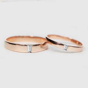 Baguette Diamond Band, Baguette Diamond Ring, Couple Wedding Ring Set, Rose Gold Engagement Ring Set, Promise Bridal Set for Men and Women,