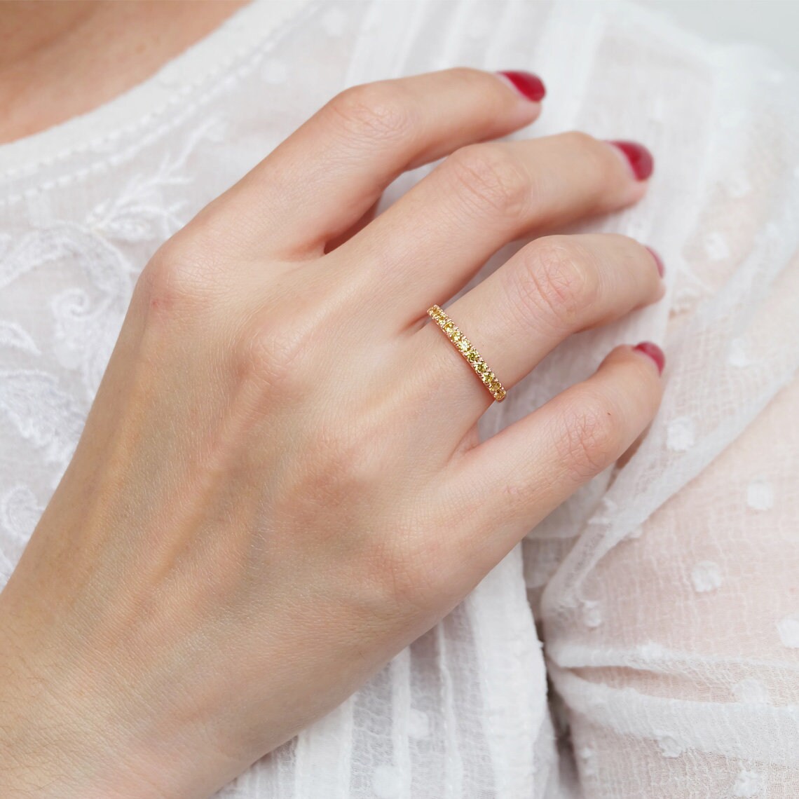 14K Solid Gold Stackable Pave Yellow Diamond Eternity Band Ring ...