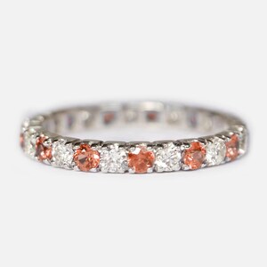 Orange sapphire and diamond eternity ring, 14k white gold stacking band, full eternity wedding ring, anniversary gift, dainty gold band