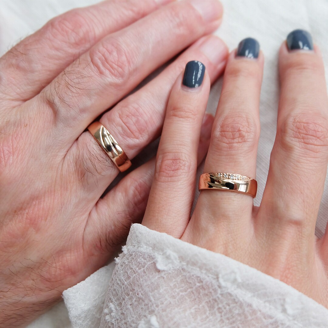 14K Gold Couple's Diamond Wedding Band Set, His and Hers Wedding Bands