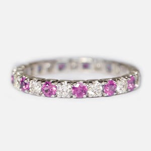 Rhodolite garnet diamond eternity ring, 14k white gold stacking band, full eternity ring, dainty wedding band, anniversary gift