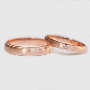 14K Rose Gold Rings, Couple Rings, Rose Gold Wedding Bands, Diamond Accent Ring, Matching Rings Set, Minimalist Rings, Gift for Couple