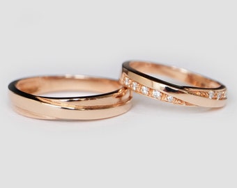 Conjunto de alianças de casamento Mobius de ouro 14k para casais, conjuntos exclusivos de alianças de casamento, conjunto moderno de alianças para ele e para ela,
