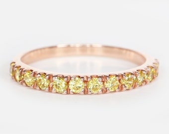 14K Solid Gold Stackable Pave Yellow Diamond Eternity Band Ring, Anniversary Band
