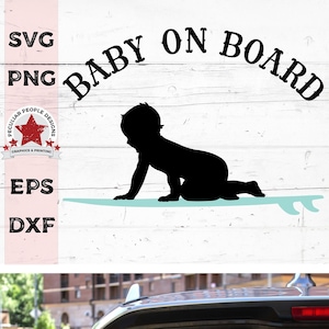 Arquivo digital SVG Pequeno surfista em prancha de surfe Surfando, menino surfando Bebê a bordo png Arquivos Cricut Adesivo de carro Gravidez Maternidade Revelação de gênero