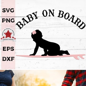 Arquivo digital SVG Menina surfista em prancha de surfe Surfando, Bebê surfista a bordo png Arquivos Cricut Adesivo de carro Gravidez Maternidade Revelação de gênero