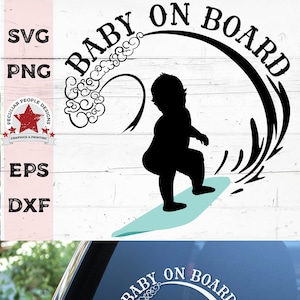Arquivo digital SVG Menino na prancha de surfe, arquivos Cricut Cut Surfista Bebê a bordo surfando, png maternidade anúncio de gravidez revelação de gênero