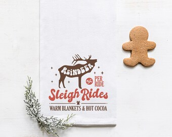 Reindeer Sleigh Rides Tea Towel, Retro Christmas Flour Sack Dish Towel With Hanger, Cute Holiday Kitchen Decor Housewarming Hostess Gifts