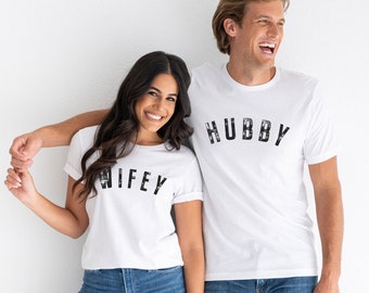 Customizable Hubby Wifey Tee Shirts, Cute Matching Couple Just Married Newlywed Gifts, Personalized His Hers Husband Wife Honeymoon T-Shirts