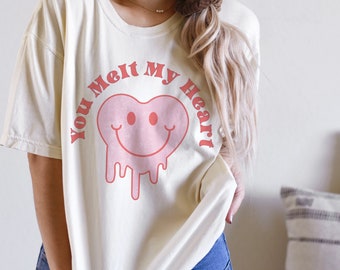 You Melt My Heart Retro Smiley Face Shirt, Cute Valentines Day Graphic Tee Shirts For Women, Comfort Colors Oversized Tshirt