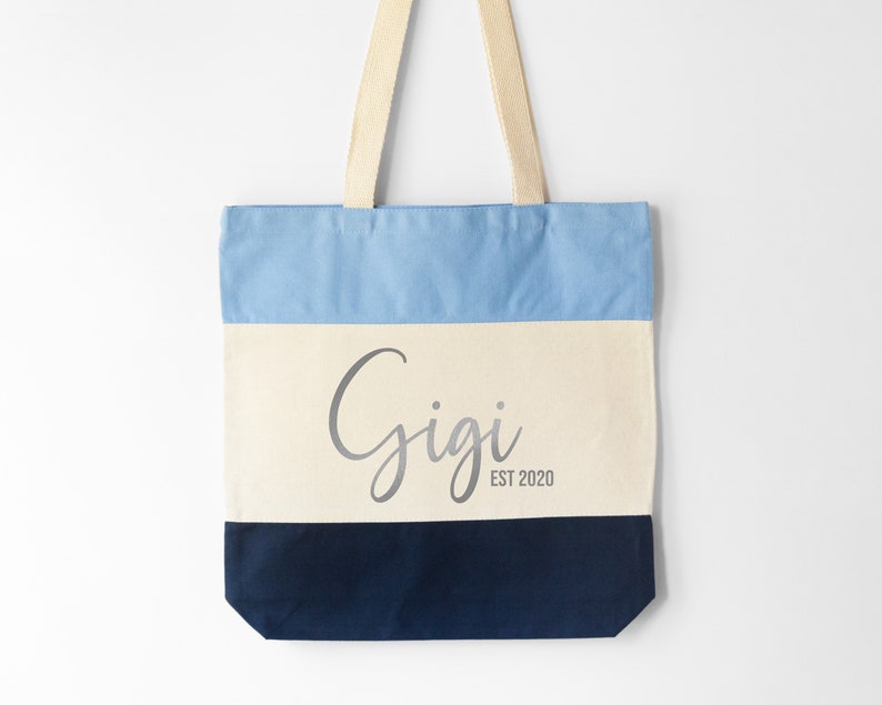 Personalized Grandma Tote Bag For New Grandmother, Mothers Day Gift For Gigi, New Nana Gifts Custom Name Cute Canvas Bags Navy / Blue